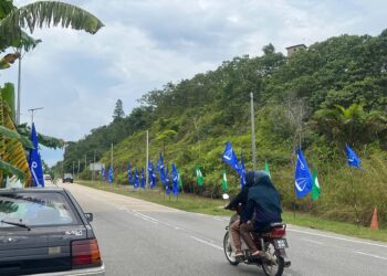 BENDERA BN dan Pas  mewarnai sekitar kawasan Kampung Jerek, Gua Musang, Kelantan. – UTUSAN/AIMUNI TUAN LAH