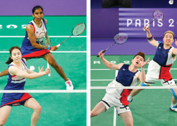 HARAPAN Malaysia untuk layak ke perlawanan akhir beregu badminton di Olimpik Paris tidak kesampaian apabila kedua-dua pasangan negara Aaron Chia Soh Wooi Yik (kanan) 
dan Pearly Tan-M Thinaah terkandas di separuh kepada pasangan China,  di Arena Porte De La Chapelle semalam. – AFP