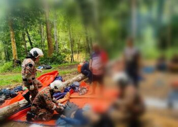 ANGGOTA bomba melakukan kerja menyelamat mangsa yang dihempap pokok hutan Sungai Kechau berdekatan Kampung Petola di Lipis, Pahang. - FOTO/JBPM PAHANG