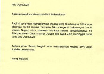 NOTIS kekosongan kerusi DUN Mahkota yang diserahkan Mohd. Puad Zarkashi kepada pihak SPR.