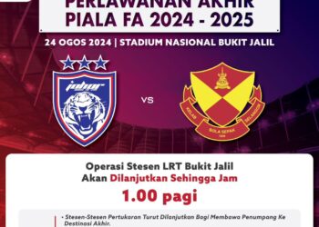 RAPID Rail Sdn Bhd (Rapid Rail) melanjutkan operasi stesen LRT Bukit Jalil sempena aksi final Piala FA di Stadium Nasional Bukit Jalil, Sabtu ini. - Ihsan Facebook Rapid Rail