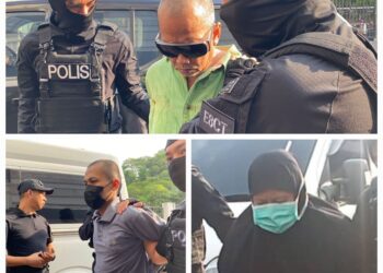 RADIN IMRAN Mohd. Yasin (atas) dan Radin Romyulah (kiri, bawah) dan Rosna Jantan antara lima sekeluarga dibawa ke Mahkamah Sesyen Johor Bahru untuk sebutan semula kes memiliki bahan berkaitan kumpulan pengganas IS.