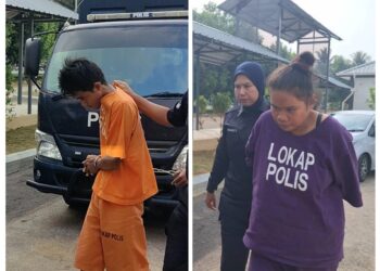 MOHAMAD Amir Rosdi dan Nor Azila Ardi dikawal anggota polis ketika tiba di Mahkamah Sesyen, Kuala Selangor, Selangor, hari ini. - UTUSAN / ISKANDAR SHAH MOHAMED