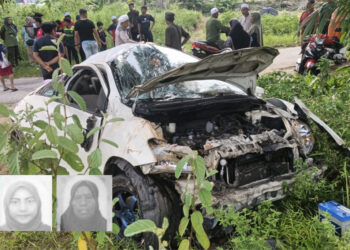 TOYOTA Vios yang remuk setelah terbabas sehingga mengorbankan Siti Norhasliza Kamarudin (gambar kecil) dan ibunya, Omi Kalsom Man dalam kemalangan di Baling. - IHSAN POLIS