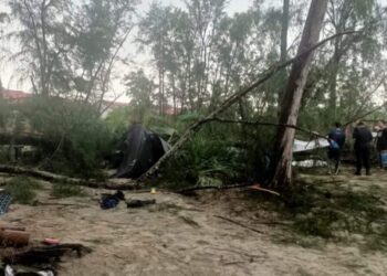 KEADAAN pokok yang menghempap khemah sehingga mengorbankan Che Zakariah Che Ali di tapak perkemahan, Kem Nemo, Pantai Balok, Kuantan, Pahang, semalam.