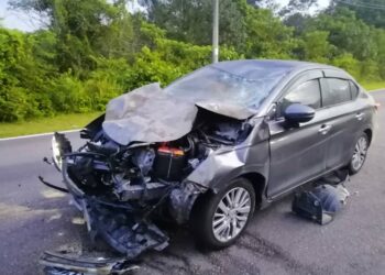 KEADAAN kereta Honda City dipandu seorang guru remuk terlanggar seekor gajah di Kilometer 6, Jalan Nitar-Mersing.