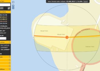 TANGKAP layar infografik daripada portal falak global, SunCalc yang menunjukkan situasi matahari melintasi tepat Masjid Putra di Putrajaya.