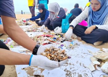 SEBAHAGIAN puntung rokok yang dikumpulkan daripada keseluruhan 17,160 puntung rokok yang dikutip pada program pembersihan pantai sempena World Clean Up Day 2024 anjuran SWM Environment di Pantai Saujana, Port Dickson baru-baru ini.