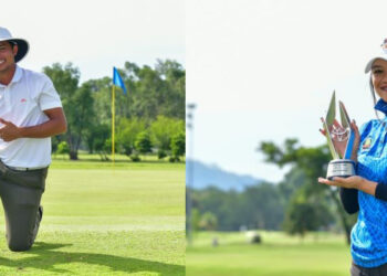 FAKHRUL Akmal dan Zulaikah Nasser bergambar bersama trofi kemenangan masing-masing selepas memenangi Piala Harrier Jelajah Toyota Kelab Golf Diraja Pahang (KGDP), semalam.