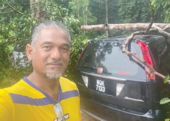 SYED Norhaimi Syed Zin menunjukkan kereta Honda Stream yang dihempap pokok di Air Terjun Lata Meraung, Jerantut, Pahang, semalam.