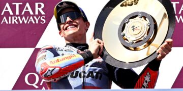 PELUMBA pasukan Gresini Racing, Marc Marquez dari Sepanyol meraikan di podium selepas memenangi MotoGP Grand Prix (GP) Australia di Phillip Island, hari ini. - AFP