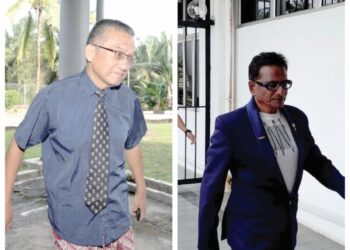 ATHUR WANG (kiri) dan P. Satyanarayana Prasad mengaku bersalah di Mahkamah Majistret Kota Tinggi memakai pakaian mencolok mata semasa menyertai acara larian di Desaru, 4 Oktober lalu.