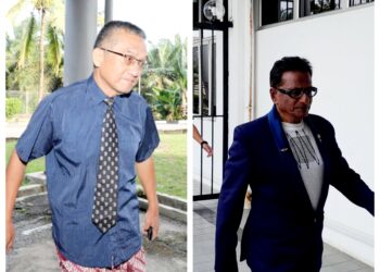 ATHUR WANG (kiri) dan P. Satyanarayana Prasad mengaku bersalah di Mahkamah Majistret Kota Tinggi memakai pakaian mencolok mata semasa menyertai acara larian di Desaru, 4 Oktober lalu.