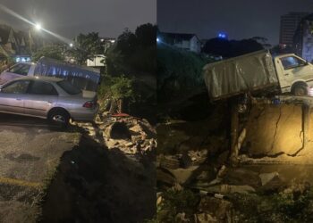 RUNTUHAN tebing parit mengakibatkan sebuah kereta dan sebuah lori satu tan nyaris terjunam.