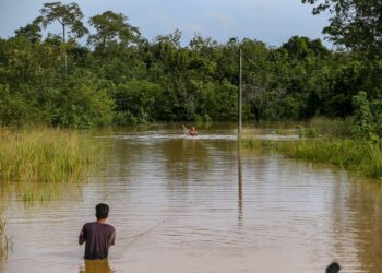 PENDUDUK mengambil peluang memasang pukat ketika banjir di Kampung Jelutong, Kuala Nerang, baru-baru ini. - UTUSAN/ SHAHIR NOORDIN