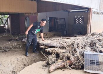 SEORANG penduduk melihat sisa kayu yang dihanyutkan arus deras banjir ke kawasan rumahnya di Kampung Teluk Rambong di Baling.