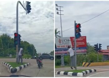 TANGKAP layar video tular seorang lelaki merosakkan beberapa penutup lampu isyarat menggunakan parang di Port Dickson petang tadi.