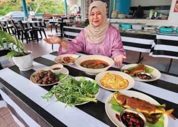 NORRAFINEE Mohd. Rodi bersama pelbagai hidangan masakan asam pedas yang dijual Ciksu Asam Pedas Johor yang beroperasi di Taman Semarak, Nilai, Seremban. – MINGGUAN/NUR SHARIEZA ISMAIL