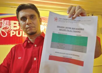 MAZHAR Zolbahar menunjukkan senarai layak bertanding untuk calon Bersatu dari Pulau Pinang pada sidang akhbar di Batu Kawan, Pulau Pinang, semalam.