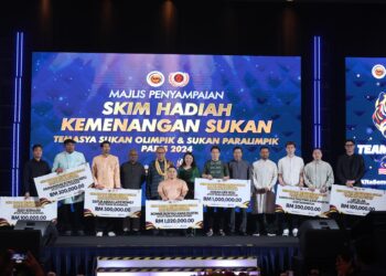 MENTERI Belia dan Sukan, Hannah Yeoh (tengah) bergambar bersama pemenang pingat di Sukan Olimpik dan Paralimpik Paris 2024 dalam Majlis Penyampaian Skim Hadiah Kemenangan Sukan (SHAKAM) di sini hari ini.