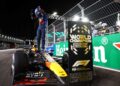 JUARA dunia Formula Satu (F1) 2024, Max Verstappen meraikan di parc ferme ketika Grand Prix (GP) Las Vegas di litar Las Vegas Strip, Amerika Syarikat (AS), hari ini. - AFP