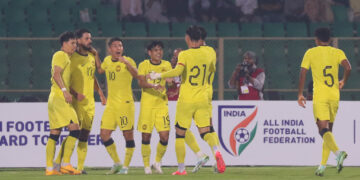 PEMAIN negara meraikan jaringan Paolo Josue dalam aksi menentang India di Stadium Gachibowli, Hyderabad.- IHSAN FAM