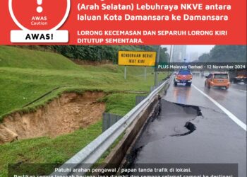 TANAH mendap berlaku di Kilometer (KM) 18.6 arah Selatan antara laluan Kota Damansara ke Damansara. - GAMBAR: PLUS MALAYSIA