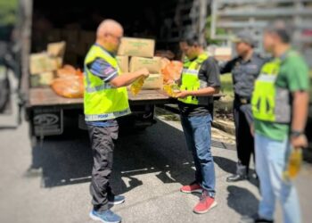 ANGGOTA KPDN Kelantan memeriksa minyak masak peket yang dirampas dalam serbuan di Kampung Bukit Payong, Kelewek, Tanah Merah, Kelantan semalam.