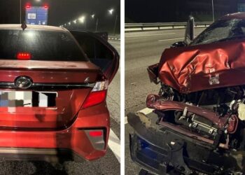 KEADAAN sebuah kereta yang dipandu seorang lelaki yang melanggar sebuah lori tangka dalam kejadian di Kilometer 275.7 Lebuhraya Utara Selatan (Arah Utara) dekat Nilai, Seremban awal pagi tadi.-GAMBAR/IHSAN POLIS