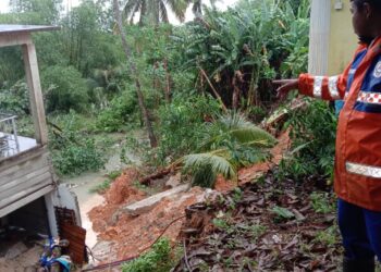 ANGGOTA APM Pasir Mas melakukan tinjauan di tanah runtuh di Kampung Lemal, Pasir Mas, Kelantan hari ini-IHSAN APM.