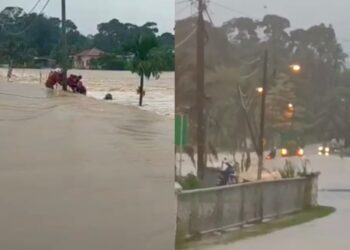 MANGSA yang cuba meredah banjir di Jalan Batu Alang, Lubok China, Melaka gagal mengawal kendaraannya lalu terjatuh dan dihanyutkan arus deras.