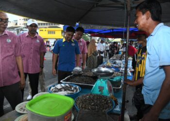 ASRUL Aimran Abd Jalil (baju biru) dan 
Affendi Rajini Kanth meninjau pembukaan semula pasar malam Kangar selepas hampir 30 tahun di tapak parkir market lama Kangar, Perlis semalam.-UTUSAN/IZLIZAN OTHMAN