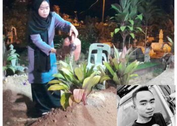 NORASHIKIN Mohammad menyiram air di atas kubur Shakirin (gambar kecil) yang dikebumikan di Tanah Perkuburan Islam Felda Pasak, Kota Tinggi.