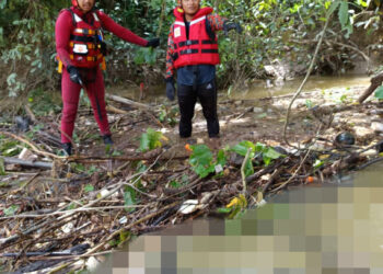 KEADAAN mayat yang ditemukan di Sungai Chempias, Kampung Tanah Merah, Kuala Kangsar hari ini. - UTUSAN/IHSAN JBPM