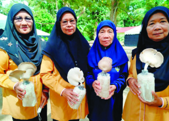 SEBAHAGIAN ibu tunggal dan penduduk Kampung Buaia di Padang Rengas, Perak menunjukkan hasil tanaman cendawan yang mereka usahakan. - UTUSAN/ FADZIL ZAINOL