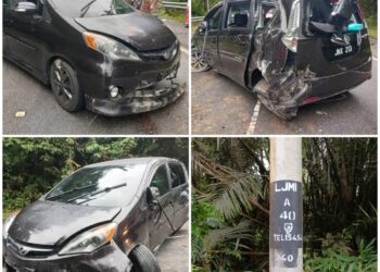 Keadaan kenderaan yang terbabit nahas mengorbankan nyawa bayi lelaki berusia 19 tahun ketika mendapatkan rawatan di HTJ selepas terbabit nahas di kilometer 3.8, Jalan Kampung Batu-Inas, dekat Bukit Miku, pagi tadi. - IHSAN POLIS