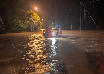 PASUKAN penyelamat membantu mengeluarkan mangsa dari kediaman yang terjejas banjir di Raub, malam tadi.