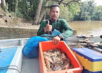 FIRDAUS Yusuf menunjukkan udang galah yang berjaya dibawa pulang selepas memancing selama dua hari di Sungai Kahang, Kluang.