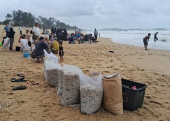 ORANG ramai masih mengutip kerang di Pantai Sura, Dungun, Terengganu meskipun larangan aktiviti itu  dikeluarkan polis. - UTUSAN/NIK NUR IZZATUL HAZWANI NIK ADNAN.