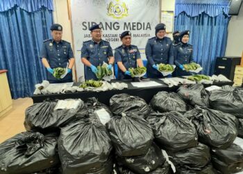 ISMAIL Hashim (tiga dari kiri) menunjukkan daun ketum yang dirampas dalam sidang akhbar di pejabat Kastam cawangan Penguatkuasaan/Marin Kuala Perlis, Perlis, hari ini. -UTUSAN/ASYRAF MUHAMMAD