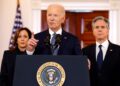 PRESIDEN AS, Joe Biden (tengah) menyampaikan ucapan mengenai perjanjian gencatan senjata antara Israel dan Hamas, yang turut disertai Naib Presiden, Kamala Harris (kiri) dan Setiausaha Negara, Antony Blinken di Rumah Putih di Washington, DC, pada Rabu lalu.- AFP