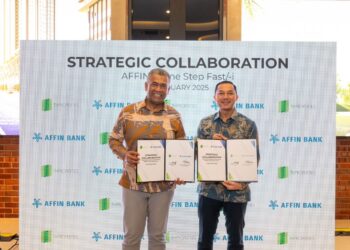 MOHD. Ismadi Ishak (kiri) dan Mohammad Fairuz Mohd. Radi (kanan) selepas majlis menandatangani kerjasama strategik antara TH Properties dan Affin Bank