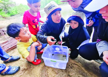 PESERTA Program Jom Menjejak Anak Belangkas melihat anak belangkas yang ditemukan di sekitar Sungai Marang, Marang, Terengganu. - UTUSAN / NOOR HAYATI MAMAT