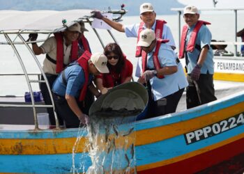 FARIZAN Darus (dua dari kiri, belakang) meninjau program pelepasan udang harimau di perairan Pulau Betong, di Balik Pulau, Pulau Pinang.