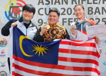 Alia Sazana Azahari merangkul pingat emas dan memecahkan rekod Asia dalam acara 25 meter (m) pistol wanita di Kejohanan Raifal/Pistol Piala Asia 2025 di Bangkok, Thailand. - IHSAN MAJLIS SUKAN NEGARA  