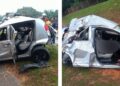 KEADAAN sebuah kereta Perodua Myvi yang terbabit nahas dengan sebuah lori tangki dalam kejadian di Kilometer 27.2 Lebuh Raya Seremban-Port Dickson (SPDH) hari ini.-GAMBAR/ IHSAN POLIS.