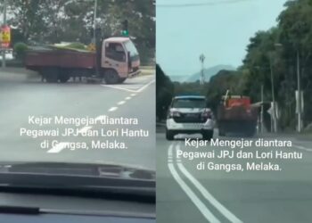 TANGKAP layar klip video tular melibatkan insiden kejar-mengejar penguat kuasa JPJ dengan sebuah lori di Lebuh SPA, Gangsa, Melaka.