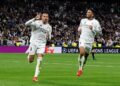 Kylian Mbappe meraikan jaringan gol ketiganya menentang Manchester City dalam saingan play-off Liga Juara-Juara di Santiago Bernabeu, Madrid, semalam. - AFP