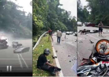 TANGKAP layar daripada rakaman kamera papan pemuka kenderaan lain menunjukkan Perodua Alza merempuh penunggang motosikal di Jalan Huli Langat-Ampang, kelmarin.