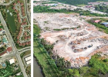 GAMBAR (kiri) yang dirakam daripada ARC Geographic Information System (ArcGIS) diambil pada 18 Januari 2024 menunjukkan ladang kelapa sawit dekat Kampung Sentosa, Ijok di Jalan Kuala Selangor, Selangor berbanding gambar kanan yang menunjukkan kawasan sama sudah ditambak dan dijadikan tapak pelupusan sampah haram.